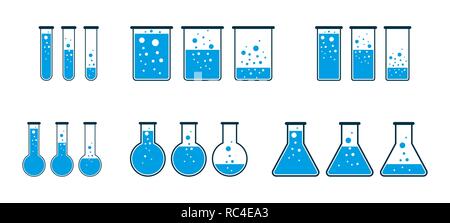 Set di provetta icone nel design piatto. Illustrazione Vettoriale. Blu laboratorio chimico palloni. Illustrazione Vettoriale