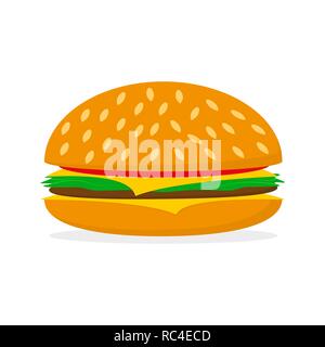 Icona di hamburger in un design piatto. Illustrazione Vettoriale. Carino hamburger isolato su sfondo bianco Illustrazione Vettoriale