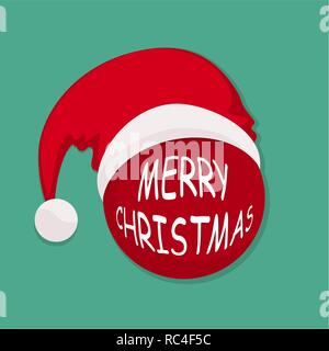 Santa Claus hat con red palla di Natale in design piatto. Illustrazione Vettoriale. Santa hat con buon Natale testo Illustrazione Vettoriale