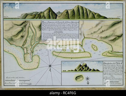 PLANO Y PERSPECTIVA DEL PUERTO DE SANTA CRUZ DE OJATUTIRA EN LA ISLA DE AMAT (TAHITI) - 1774 - Carta nautica. Autore: HERVE JUAN. Posizione: MUSEO NAVAL / MINISTERIO DE MARINA. MADRID. Spagna. Foto Stock