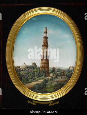 Una vista del Qutb Minar da est, che mostra anche il Darwaza Alai e i principali Robert Smith ri-situati a cupola, con la tomba di Adham Khan e lo schermo della moschea di distanza, una torre situata a Delhi, India. Esso è il mondo del più alto minareto in mattoni con un'altezza di 72,5 metri (237.8 ft). La Qutub Minar è degna di nota per essere uno dei primi e più importanti esempi di architettura Indo-Islamic. L'Alai Darwaza è il Gateway principale dal lato meridionale del Quwwat-ul-Islam moschea. Qutb complesso. Color acqua su avorio: ovale, 175 da 140 mm, entro una cornice dorata e incorniciato in una vel Foto Stock