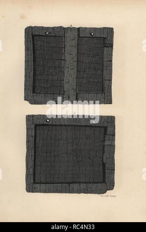 Pannelli in legno o triptychon con bankers' ricevute dalla casa di Lucio Caecilius Iucundus. Illustrazione disegnata da Discanno e litografato da Victor Steeger da Emil Presuhn 'Pompei. Die Neuesten Ausgrabungen von 1874-1881,' Weigel, Lipsia, 1882. Archeologo tedesco Presuhn (1844-1881) visse in Italia per otto anni e, con il Sig. Discanno e Miss Amy Butts, fatte copie esatte di molti dipinti sulle pareti che sono ormai perso. Foto Stock