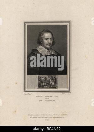 Ritratto di auto di Pietro Berrettini o da Cortona (1596-1669), Italiano storia e paesaggio artista.. Incisione in acciaio da John angolo dalla "Ritratti di celebri pittori con medaglioni dal loro miglior performance" 1825. Foto Stock