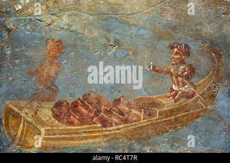 Affresco romano raffigurante una scena nilotica con i pigmei in una barca caricata di anfore. Seconda metà del I secolo d.c. Casa di Julia Felix II, 4, 3. Ninfeo. Da Pompei. Museo Archeologico Nazionale. Napoli. L'Italia. Foto Stock