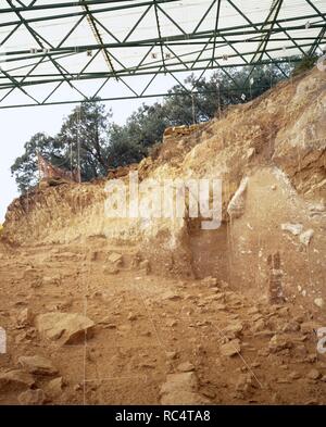 Era Paleolitica. Sito archeologico di Atapuerca. "Trincea ferroviaria' (Trinchera del Ferrocarril) dove i vari sedimenti fossili sono stati scoperti. Carte topografiche e marchi stratigrafica. Piazza di scavo la tecnica e la prova archeologica box. Provincia di Burgos, Castiglia e Leon, Spagna. Unesco - Sito Patrimonio dell'umanità. Foto Stock
