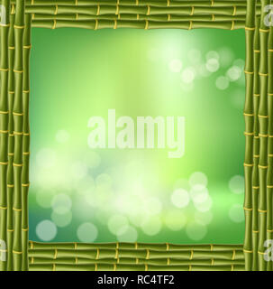 Illustrazione del quadrato verde steli di bambù border frame, sfocatura dello sfondo bokeh di fondo e sfocata cerchi bianchi all'interno. Abstract spa concept banner tropicale wi Foto Stock