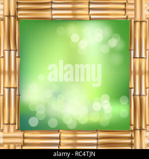 Illustrazione di square Brown dry steli di bambù telaio di confine, verde bokeh di fondo e sfocata cerchi bianchi all'interno. Abstract spa concept bann tropicale Foto Stock