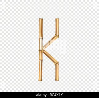 Vettore alfabeto di bambù. Lettera maiuscola K fatta di realistico Brown dry poli di bambù isolato su sfondo trasparente. Concetto di Abc per creare parole, Illustrazione Vettoriale