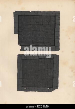 Pannelli in legno o triptychon con bankers' ricevute dalla casa di Lucio Caecilius Iucundus. Illustrazione disegnata da Discanno e litografato da Victor Steeger da Emil Presuhn 'Pompei. Die Neuesten Ausgrabungen von 1874-1881,' Weigel, Lipsia, 1882. Archeologo tedesco Presuhn (1844-1881) visse in Italia per otto anni e, con il Sig. Discanno e Miss Amy Butts, fatte copie esatte di molti dipinti sulle pareti che sono ormai perso. Foto Stock