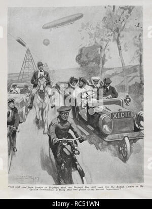 La strada maestra da Londra a Brighton ...". Un dirigibile flying overhead. Una monorotaia. Un immaginato vista del futuro. ', A partire da una serie di HG Wells, 'guerra nell'aria". Autore Herbert George Wells,. Museo: British Library. Foto Stock