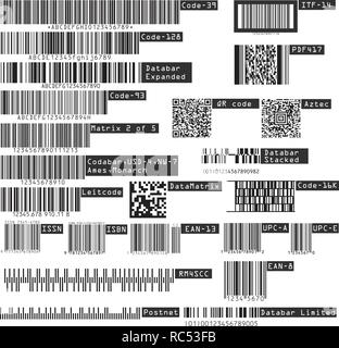 Azienda Prodotto universale codice QR e tipi di codice a barre isolate su sfondo bianco. Vettore Illustrazione Vettoriale