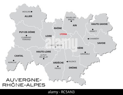 Grigio semplice mappa amministrativa della nuova regione francese Auvergne-Rhone-Alpes Illustrazione Vettoriale