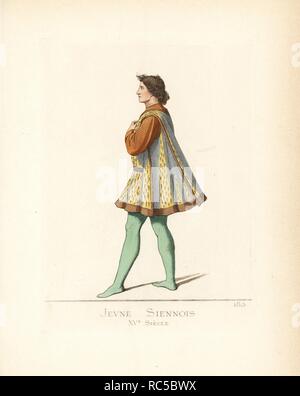 Costume di un giovane uomo di Siena del XV secolo. Egli indossa una tunica in due-tono di bianco e oro tessuto foderato di pelliccia, doppietto di oro, verde calze. Da un piccolo dipinto in Accademia delle Belle Arti, Siena. Handcolored Illustrazione disegnata e litografato da Paolo Mercuri con il testo di Camille Bonnard da 'costumi storici dal XII al XV secolo,' Prelievo Fils, Parigi, 1861. Foto Stock