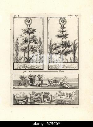 Due vignette in alto mostra alberi sormontato da scudi d'oro con la testa di Medusa. Ai piedi di un albero è un Dryad con un ascia, l'attributo della ninfa custode della foresta. I due paesaggi di seguito mostrano scene del Nilo in Egitto con statue Anubis, un asino, un coccodrillo, ecc. Copperplate incisi da Tommaso Piroli dal suo "Antichita di Ercolano' (Antichità di Ercolano), Roma, 1789. Artista italiano ed incisore Piroli (1752-1824) pubblicato sei volumi tra 1789 e 1807 per documentare le pitture murali e bronzi trovati in Heraculaneum e Pompei. Foto Stock