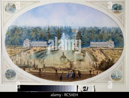 Vista la grande cascata dal terrazzo del Grand Peterhof Palace. Museo: Stato open-air Museum Peterhof, San Pietroburgo. Autore: Carlo Magno, Jules. Foto Stock