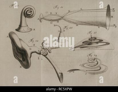 Petrus () Pieter van Musschenbroek (Leida, 1692-Leiden, 1761). Médico y fisico neerlandés. Ensayo de Física. Con unà descripción de nuevos tipos de Máquinas neumáticas. Tomo II. Lámina con dibujos referentes al y Sonido su propagación. Obra traducida del holandés al francés por Pierre Massuet. Obra editada en Leiden, Paises Bajos, 1739. Biblioteca Histórico Militar de Barcelona. Cataluña. España. Foto Stock