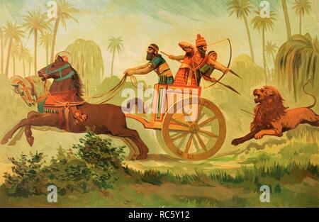 Neo-Assyrian Impero. Il Re Ashurbanipal (668-627 a.C.) su un Lion hunt. Chromolithography. La Civilizacion (la civiltà), volume I, 1881. Foto Stock