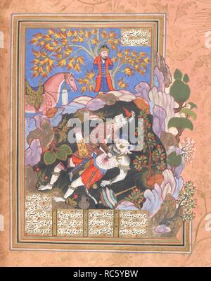Rustam uccidendo il bianco â€˜Divâ€™. Shahnama. 1586. Acquerello opaco. Fonte: Aggiungi. 27302, f.83v. Autore: ANON. Foto Stock