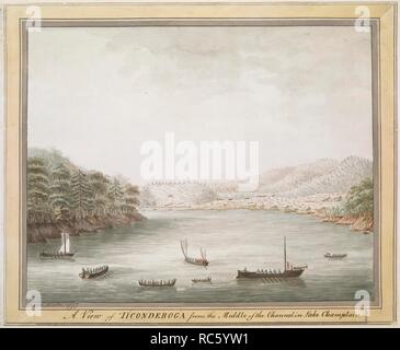 Navi e imbarcazioni a vela nel Champlain Canal, con una vista di Fort Ticonderoga, un insediamento nelle vicinanze, montagne e boschi in background e alberi sulle rive del Canal Grande. Una vista di TICONDEROGA dalla metà del canale nel lago Champlain. 1777. Acquerello. Fonte: Mappe K.Top.121.107.a. Lingua: Inglese. Autore: cacciatore, James. Foto Stock