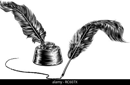 Due Quill di piume e penne Inkwell Illustrazione Vettoriale
