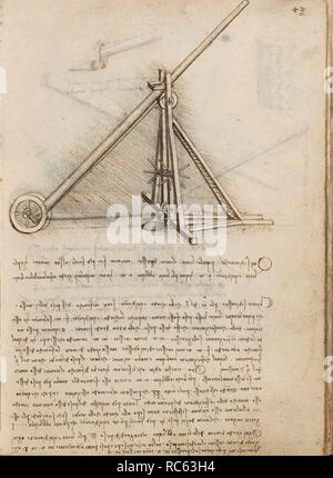 Folio f 43r. Codex Madrid I (Ms. 8937) " Trattato di statica e di meccanica', 192 folio con 384 pagine. Formato interno: 215 x 145 mm. Ingegneria civile, costruzione. Principi della meccanica, CINEMATICS, DYNAMICS. Meccanica applicata (componenti). Museo: Biblioteca Nacional de España, Madrid. Autore: LEONARDO DA VINCI. Foto Stock