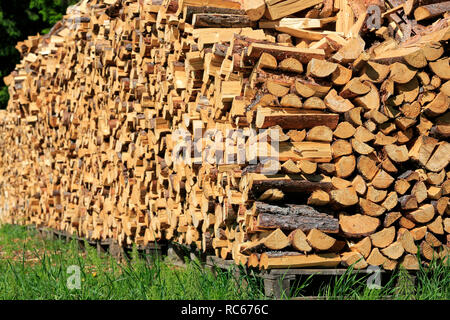 Tritate, dimezzata e ordinatamente impilati pino registri di legna da ardere in stoccaggio all'aperto in una giornata di sole dell'estate. Foto Stock