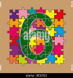 Il numero 6 è composto da pezzi di multi-puzzle colorato Illustrazione Vettoriale