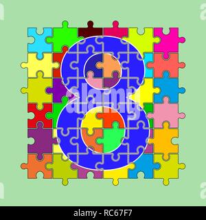 Il numero 8 è composto da pezzi di multi-puzzle colorato Illustrazione Vettoriale