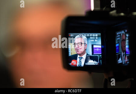 14 gennaio 2019, Renania-Palatinato, Mainz: Roger Lewentz (SPD), il ministro degli Interni della Renania Palatinato, possono essere visti su un televisore schermo della fotocamera durante un colloquio presso lo stato indagine penale in ufficio. Con l'aiuto del software, una misurata della scena del crimine può essere ricostruita tridimensionalmente in ordine al link la situazione in materia di criminalità. Le persone possono essere posti in una stanza virtuale basato su testimonianza. Foto: Sila Stein/dpa Foto Stock