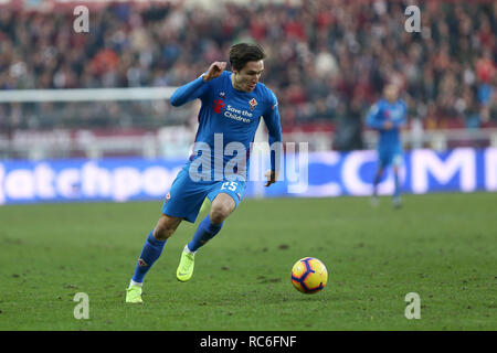 Torino, Italia. Xiii gen, 2019. Torino, Italia., . Federico Chiesa di ACF Fiorentina in azione durante l'Italia TIM Cup partita di calcio tra Torino Fc e ACF Fiorentina. Credito: Marco Canoniero/Alamy Live News Foto Stock