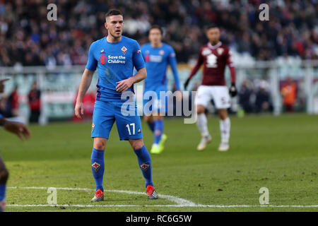 Torino, Italia. 13 gen 2019. Jordan Veretout di ACF Fiorentina in azione durante l'Italia TIM Cup partita di calcio tra Torino Fc e ACF Fiorentina. Credito: Marco Canoniero/Alamy Live News Foto Stock