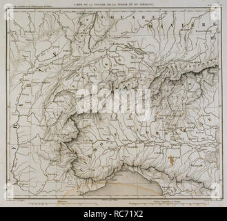 Mappa di Svevia (Germania sud-occidentale), Svizzera e Piamont (nord Italia). Atlas de l'Histoire du Consulat et de l'impero. La storia del consolato e l Impero di Francia sotto Napoleone da Marie Joseph Louis Adolphe Thiers (1797-1877). Disegni di Dufour, incisioni da Dyonnet. Edito in Parigi, 1864. Foto Stock