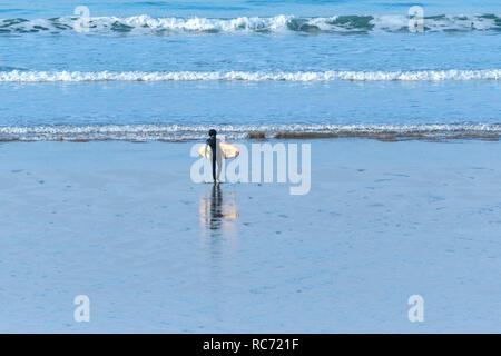 Un surfista solitario che porta una tavola da surf per raggiungere a piedi il mare in Cornovaglia. Foto Stock