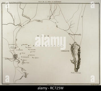 Mappa napoleonica. La baia di Algeciras, Spagna. La prima battaglia di Algeciras è stata una battaglia navale che ha avuto luogo il 6 luglio 1801, nella lotta contro un squadrone di British Royal Navy navi contro una piccola Marina Francese squadron. Contesto storico del francese guerre rivoluzionarie. La storia del consolato e l Impero di Francia sotto Napoleone da Marie Joseph Louis Adolphe Thiers (1797-1877). Disegni di Dufour, incisioni da Dyonnet. Edito in Parigi, 1864. Foto Stock