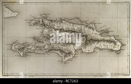 Mappa napoleonica. Isola di Santo Domingo. Napoleone ristabilita la schiavitù dell'isola, invio di migliaia di soldati nel 1802. La metà delle truppe francesi sono morti a causa della febbre gialla. Atlas de l'Histoire du Consulat et de l'impero. La storia del consolato e l Impero di Francia sotto Napoleone da Marie Joseph Louis Adolphe Thiers (1797-1877). Disegni di Dufour e incisioni da Dyonnet. Edito in Parigi, 1864. Foto Stock