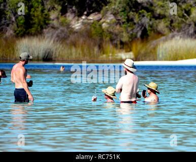 Quattro uomini australiano di sedersi a bere birra e parlare nel Lago Mckenzie, Fraser Island, in Australia Foto Stock