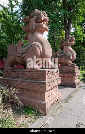 Due grandi lion statue di pietra di un tempio buddista, Chengdu Cina Foto Stock