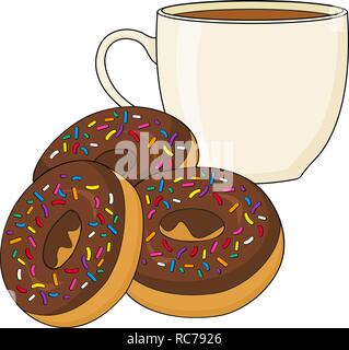 Un cioccolato ciambelle smerigliato o a ciambella e una calda tazza di caffè o tè. Illustrazione Raster isolati su sfondo bianco Foto Stock