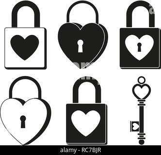 Bianco e nero ornati con lucchetto a chiave set silhouette Illustrazione Vettoriale