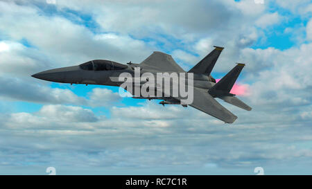 Aerei militari in volo equipaggiato con missili, combattere il set-up. F-15 Eagle modelli. Il rendering 3D Foto Stock