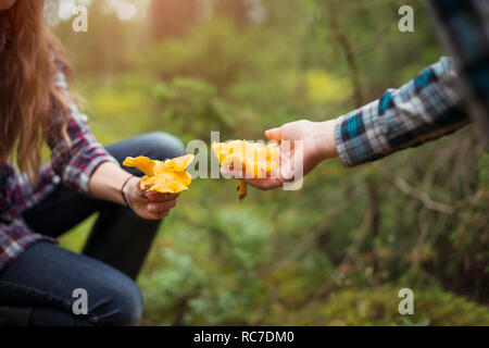 I bambini tenendo i funghi in mani Foto Stock