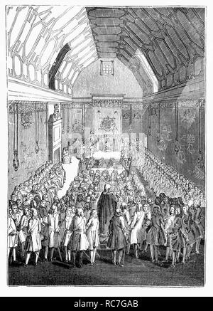 La House of Lords, durante il regno del re George II. Come la House of Commons, si riunisce nel Palazzo di Westminster, ma era molto più potente rispetto alla House of Commons. La Camera bassa ha continuato a crescere in influenza, raggiungendo un zenith durante il XVII secolo, quando a seguito della guerra civile inglese, la House of Lords è stato ridotto a un gran corpo impotente. Il 19 marzo 1649, la House of Lords è stato abolito da un atto del Parlamento. Dopo la Convenzione il Parlamento si è riunito nel 1660 e la monarchia fu restaurata, è diventato di nuovo più potente della camera del Parlamento, fino al XIX secolo. Foto Stock