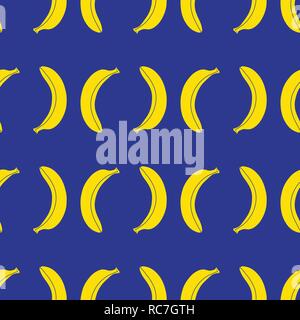 Seamless repeat pattern del vettore delle banane gialle royal su sfondo blu. Frutto giallo. Illustrazione Vettoriale