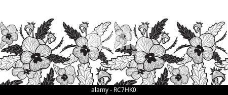 Vettore senza giunture orizzontali con bordo bianco e nero pansy. Illustrazione Vettoriale