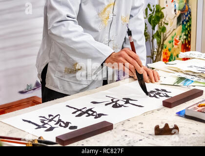 Asian caligraphy. Il master di cinesi Caligraphy scrive caratteri geroglifici e che leggere Xin nian kuai le e sono tradotte in felice anno nuovo. Foto Stock