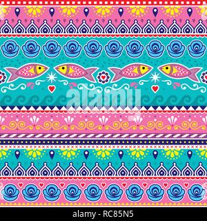 Il pakistan o indiano arte carrello vector pattern senza giunture, decorativi carrello design floreale con fiori, pesce e forme astratte Illustrazione Vettoriale