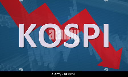 Il composito di Corea Il prezzo di stock o di indice KOSPI è caduta. Il rosso a zig-zag freccia dietro la parola KOSPI su uno sfondo blu con un mercato azionario chart... Foto Stock