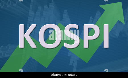 Il composito di Corea Il prezzo di stock o di indice KOSPI sta andando verso l'alto. Un verde a zig-zag freccia dietro la parola KOSPI su uno sfondo blu e un mercato azionario chart... Foto Stock