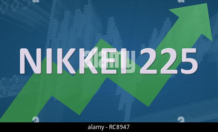 La borsa giapponese indice Nikkei 225 sta andando verso l'alto. Un verde a zig-zag freccia dietro la parola Nikkei 225 su uno sfondo blu con un grafico mostra... Foto Stock