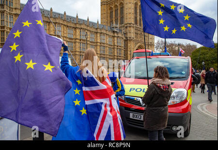 Pro Europa sostenitori sventolando bandiere dell'UE al di fuori del Parlamento, Westminster. I manifestanti in favore di restare in Europa e i 28 Stati membri. Foto Stock